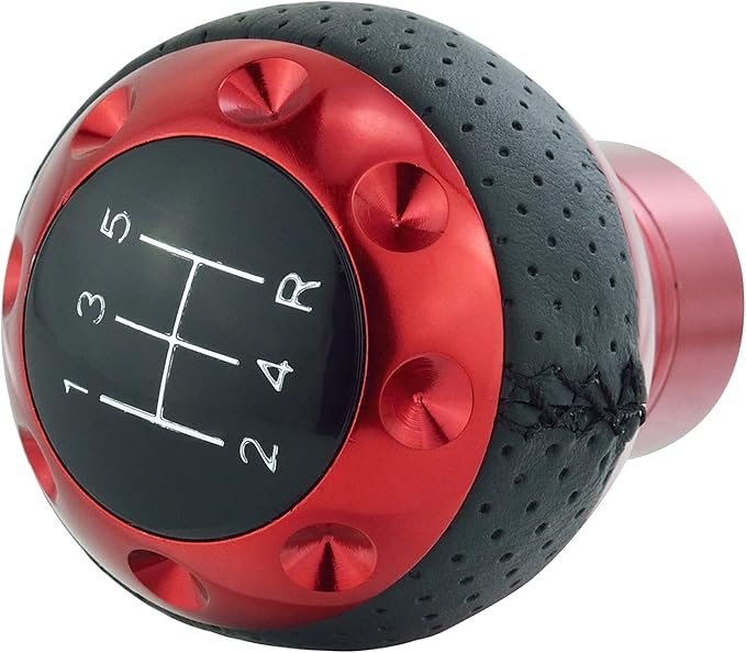Lunsom 5 Speed Leather Shift Knob, Manual Transmission Handle Ball Gear Stick Shifter Head Fit Most Transmission Vehicle (Red&Black)