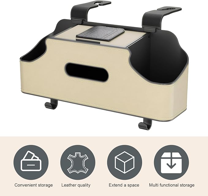 1 PC Car Seat Back Organizer, Car Back Seat Multi-Function Storage Box with 2 Drink Cup Holders, 11.42" x 3.35" Leather Tissue Organizer, Universal for Most Cars, Trucks, SUVs (Beige)