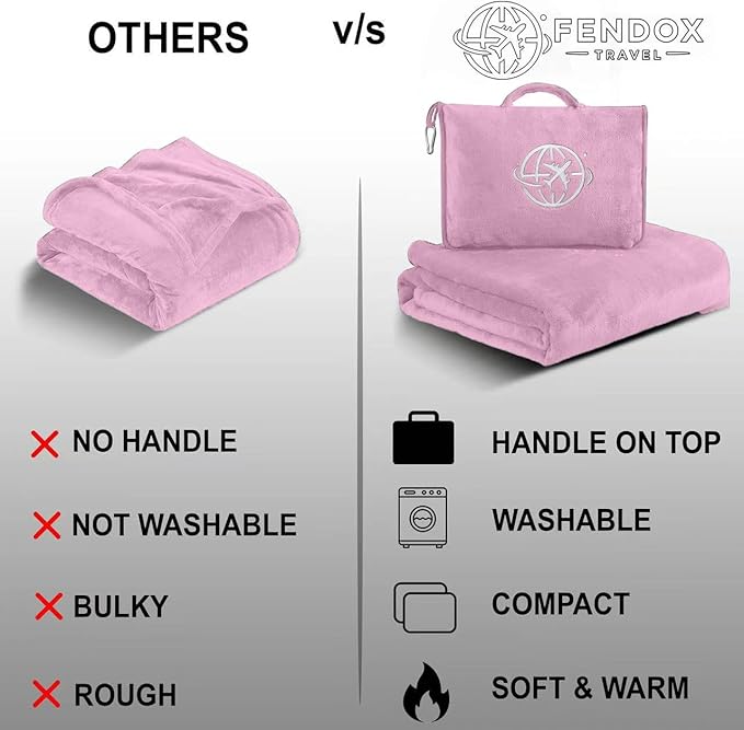2-in-1 Travel Blanket and Pillow – Lightweight, Compact, Ultra Soft, Machine Washable – Handle, Luggage Sleeve, Backpack Clip – for Trave Airplane, Car, Office (Light Pink)