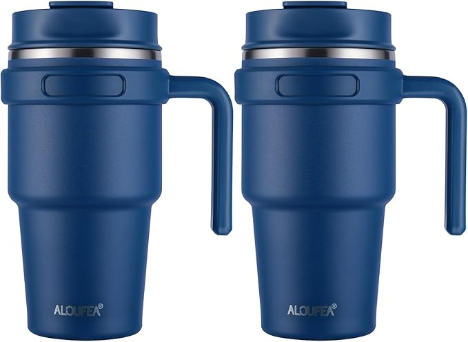 ALOUFEA 20 oz Insulated Coffee Mug Tumbler with Handle, Stainless Steel Travel Mug Tumbler with Lid and Straw,Double Wall Vacuum Leak Proof Ice Coffee Thermal Cup, Navy