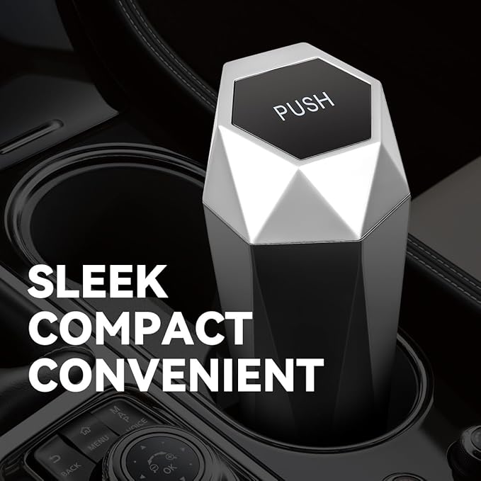 Auto Dynasty Car Trash Can with Lid, Compact 3" Garbage Bins Bottle Holder, 0.5L Capacity Car Interior Storage Organizer Container for Home Office, Silver