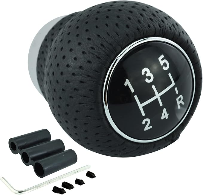Lunsom Leather Stick Gear Knob 5 Speed Shifter Knobs Alloy Car Shifting Lever Head Fit Manual Automatic Transmission Vehicle(Black)