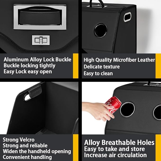 Leather Trunk Organizer,Foldable,Multi-Compartment,With Breathable Holes for Car SUV Truck MPV,Camping Picnic,Home Middle 20.8 * 13.7 * 13.7 inch Black