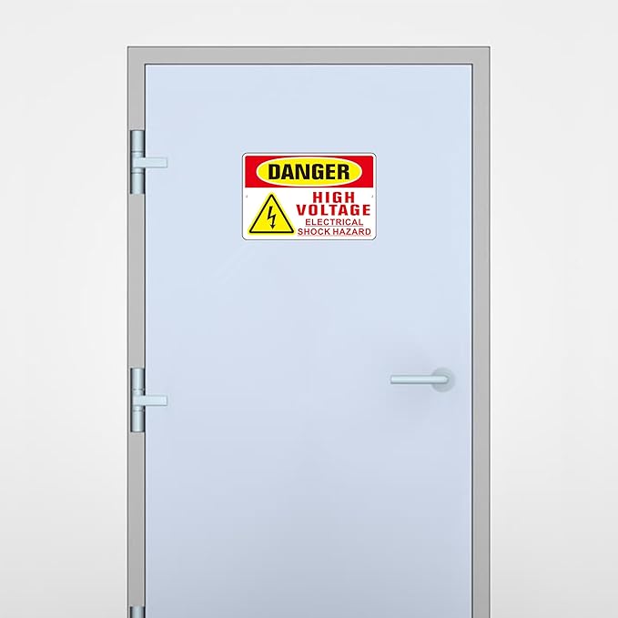 Danger High Voltage Sign, (2 Pack) Self Adhesive Aluminum Metal Electrial Shock Hazard Signs for Indoor Outdoor Use, Rust Free and Reflective Sticker (9 x 6 inches, Red/Yellow)