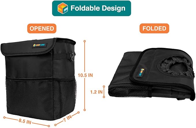 SUN CUBE Waterproof Car Trash Can with Lid, Mesh Pockets | Leakproof Car Garbage Can Hanging | Auto Trash Bin, Garbage Bag Organizer for Headrest, Console, Truck (Black)