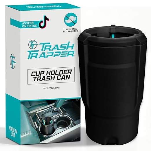 Trash Trapper The Cup Holder Trash Can for Car, Original Patent-Pending Trash Compaction Holds up to 10x More Trash to Save You Time, Portable Trash Can for Car, Stroller, Backpacks, Black/Teal