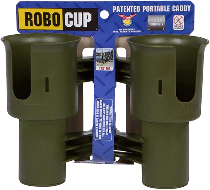 ROBOCUP, Patented Boat Cup Holder, Clamp on Portable Storage Caddy Securely Holds 2 Drinks, Fishing Poles, Tools, Marine Gear | Perfect for Boating, Beach Umbrellas, Golf Carts