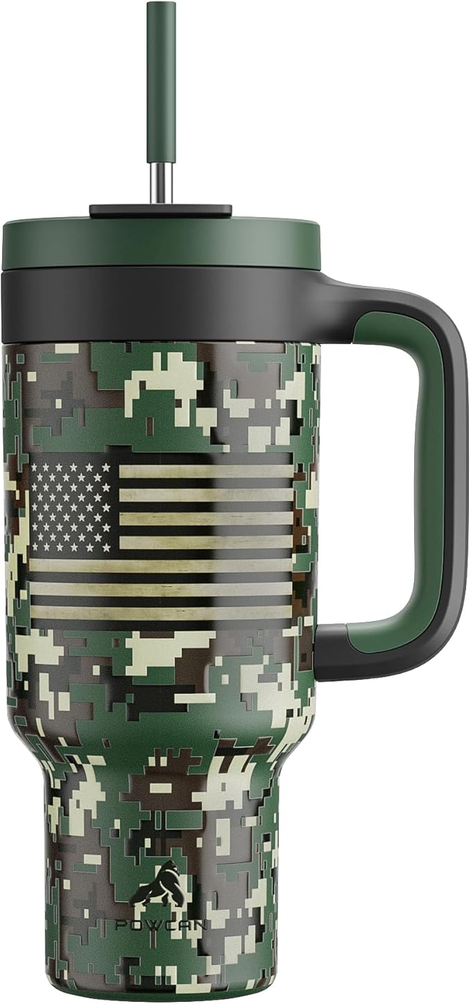 40 oz Camo Tumbler with Handle, 2-in-1 Straw and Sip Lid, Leakproof, Dishwasher Safe, Insulated Stainless Steel Travel Coffee Mug, Keeps Cold for 34 Hours, Fits in Car Cupholder (Woodland Flag)