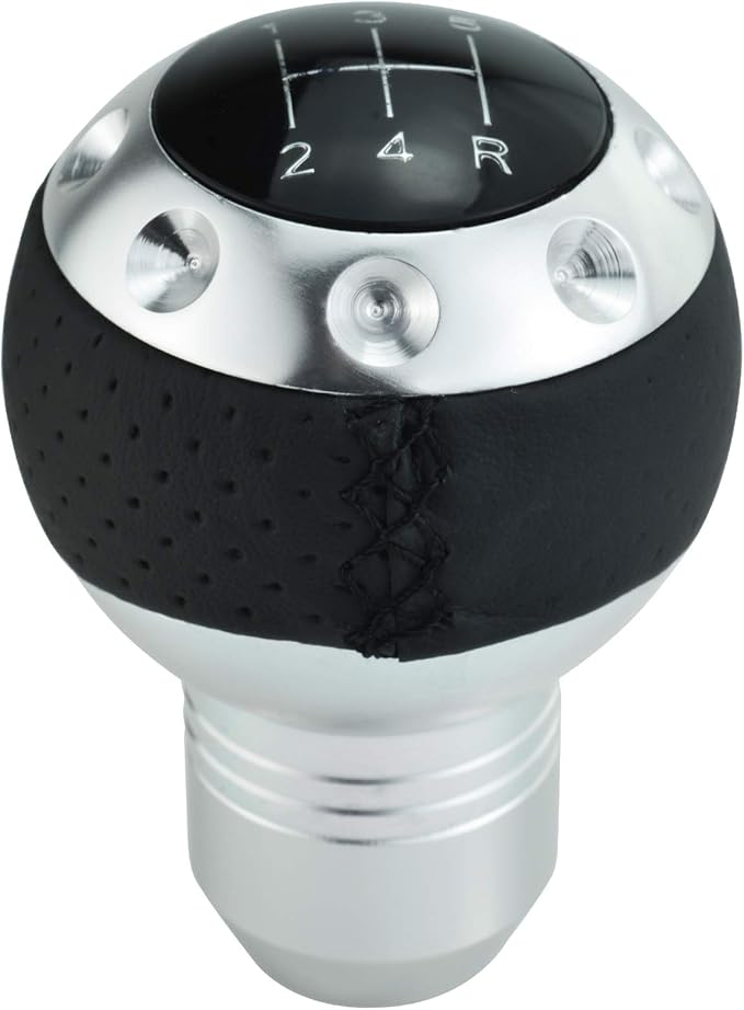 Lunsom 5 Speed Leather Shift Knob, Manual Transmission Handle Ball Gear Stick Shifter Head Fit Most Transmission Vehicle (Silver&Black)