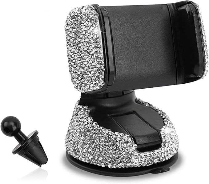 Car Phone Holder, Bling Rhinestone-encrusted Anti-shake Stand with Adjustable Clamp, 360°Rotate Navigation Mount, Universal Interior Accessory for Windshield Dashboard and Air Outlet (White)