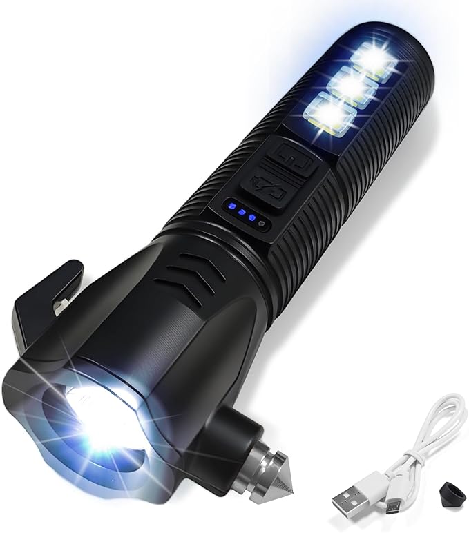 Black Emergency Car Flashlight - 2000 Lumen Dual Light 4-Level Battery Indicator Window Breaker & Seatbelt Cutter USB Rechargeable Ultra-Light 108g Car Emergency Tool