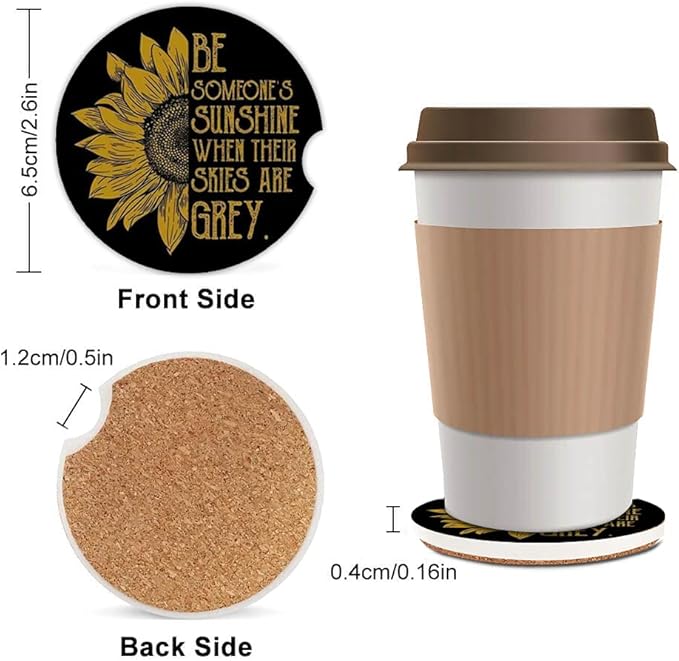 Ceramic Cup Holders Car Coasters for Women/Men,Sunflower Design Absorbent Drink Cup Car Holder Coasters with A Finger Notch 2.56" Pack of 2,Sunflower Stripes Design