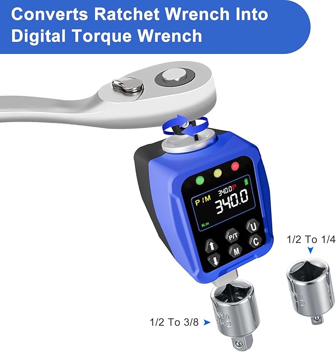 1/2" Drive Digital Torque Wrench Adapter- 12.5-250.7 Ft-lb / 17-340 Nm, Digital Torque Adapter ±2% Accuracy, Colour LCD Display, 1/4” & 3/8” Adapters for Car & Motorcycle Maintenance