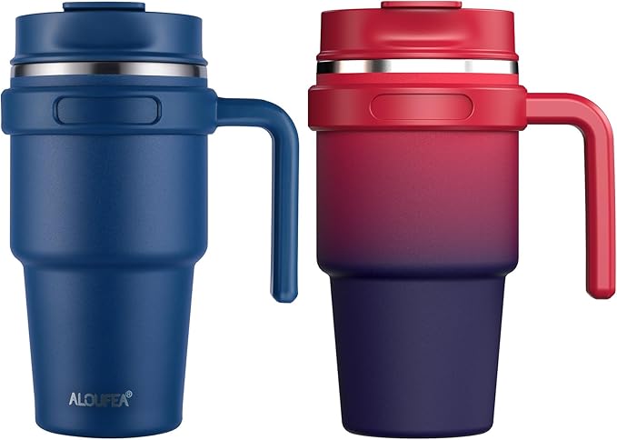 ALOUFEA 20 oz Insulated Coffee Mug Tumbler with Handle, Stainless Steel Travel Mug Tumbler with Lid and Straw,Double Wall Vacuum Leak Proof Ice Coffee Thermal Cup, Navy/Dark Rainbow