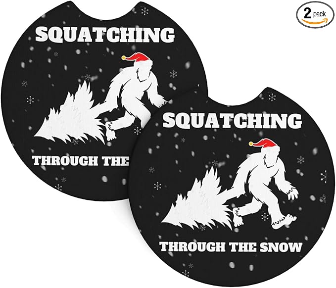 Squatching Through The Snow Bigfoot Christmas Car Coasters for Cup Holders Pack of 2 Neoprene Cup Mat Pad Vehicle Interior Accessories for Men Women