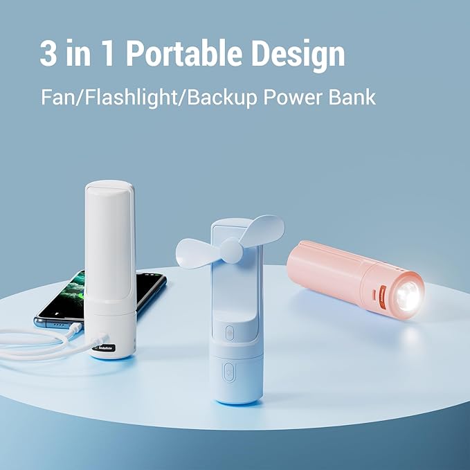 Airluxe Mini 3-in-1 Portable Fan Rechargeable- Handheld Fan with 35-Hour Battery Life, Fast Charging Power Bank&Flashlight- Personal Fan for Travel, Vacation, and Festival Essentials Blue
