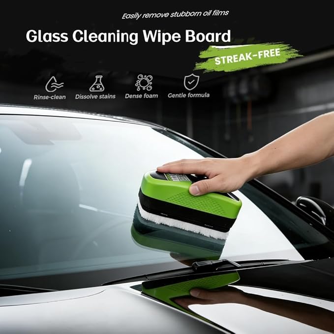 [2 Set] Automotive Oil Film Cleaning Brush with 60ML Cleaning Liquid, Glass Cleaning Wipe Board Windshield Cleaner Car Glass Oil Film Cleaner for Windshield Improves Clarity & Visibility (Green)