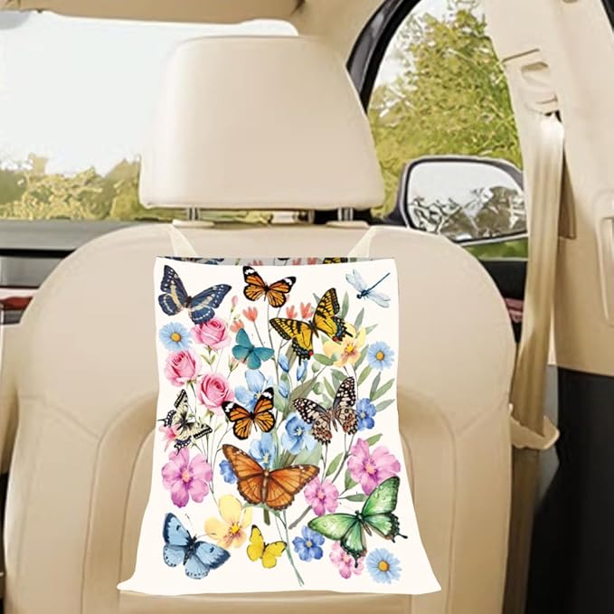 Car Garbage Bag Hanging Butterfly Car Trash Can Flowers Insect Pattern Polyester Washable Waterproof Cute Organizer Storage Bin for Vehicle Interior Travel Accessories Reusable Leak Proof