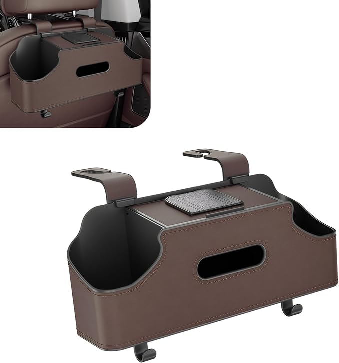 1 PC Car Seat Back Organizer, Car Back Seat Multi-Function Storage Box with 2 Drink Cup Holders, 11.42" x 3.35" Leather Tissue Organizer, Universal for Most Cars, Trucks, SUVs (Brown)