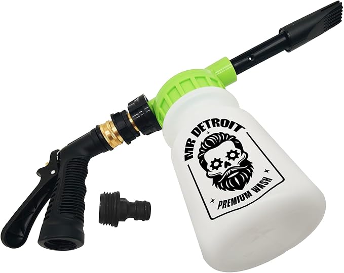 Mr. Detroit - 4pc Car Wash Kit with Foam Blaster, 16oz Car Wash Soap, Chenille Car Wash Glove, Drying Towel, Scratch-Free Foam Cannon Streak-Free Exterior Cleaning for Auto Detailing & Home Use