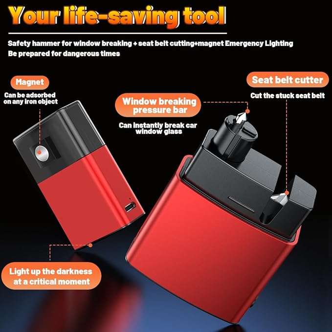 Window Breaker - Upgraded Safe Hammer Glass Breaker Under Water, Car Hammer Seatbelt Cutter Window Breaker Emergency Escape Tool, 3 in 1 Glass Breaker for New Cars (Red)