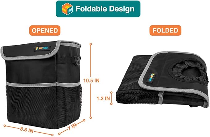 SUN CUBE Waterproof Car Trash Can with Lid, Mesh Pockets | Leakproof Car Garbage Can Hanging | Auto Trash Bin, Garbage Bag Organizer for Headrest, Console, Truck (Black/Gray)