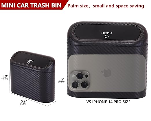 Ginsco Mini Car Trash Can with Lid, Small Car Garbage Can, Cute Leakproof ABS Car Trash Bin, Car Accessories for Interior, Garbage Bin for Car, Home, Office with 60pcs Trash Bags Carbon Fibre