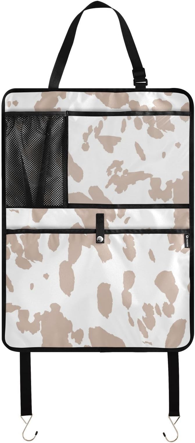 2 Pack Backseat Car Organizer with Storage Pockets Seat Back Organizers for Kids Kick Mats Backseat Protector Automotive Cow Print Brown