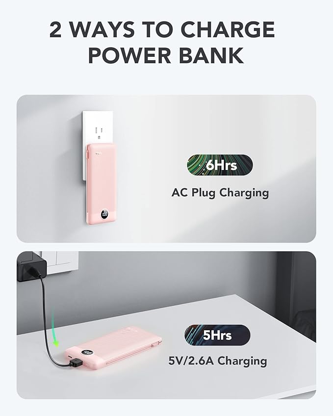 VRURC Portable Charger Built-in Cables and AC Wall Plug,USB C Power Bank 10000mAh, Travel Essentials Phone Charger Compact Lightweight External Battery Pack for Smart Phones, Tablets etc-Pink