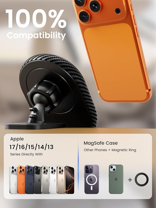 OHLPRO for iPhone 17 Magsafe Car Mount Charger, 15W Fast Charging Magnetic Holder with 3M Adhesive Base for Dashboard, Mag Car Holder for Vent Clip Compatible with iPhone 16/15/14/13 Pro Max, Black