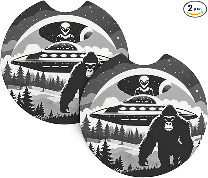 UFO Alien and Bigfoot Car Coasters for Cup Holders Pack of 2 Neoprene Cup Mat Pad Vehicle Interior Accessories for Men Women