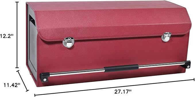 Car Trunk Organizer, Trunk Organizer for SUV with Push-pull Handle and Lid Car Leather Trunk Storage Box (Claret, 27.17 x 11.42 x 12.2in)