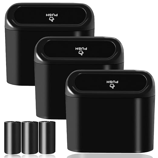 Car Trash Can Bin with Lid - 3 Packs Universal Vehicle Mini Leakproof Garbage Can Bin with 60pcs Trash Bags Can Organizer Storage for Front Back Seat Accessories for Auto Office Bedroom Home(Black)