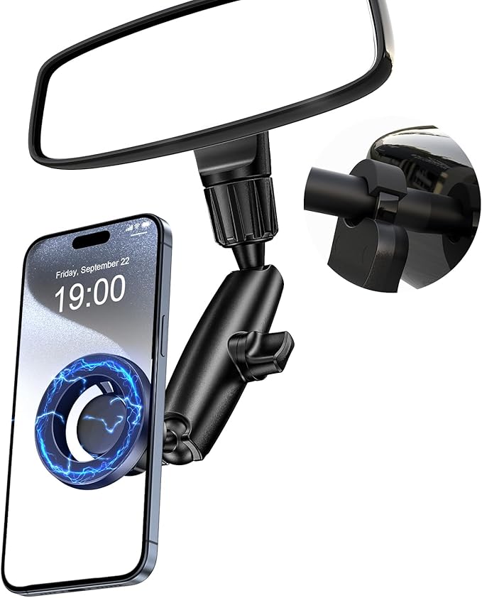 Magnetic Phone Holder for Car, Rear View Mirror Phone Holder, 360° Rotating Car Phone Mount, Compatible with iPhone 17/16/15/14/13/12 Series and All Phones with Magsafe Case or Metal Ring