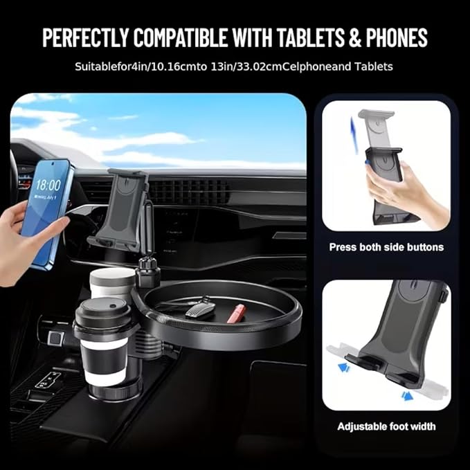 4 in 1 Car Table Tray，360° Rotation Cup Holder Tray for Car ，Mobile Phone Holder Car Cup Holder Tray ， Compatible with Vehicles, Car, Road Trip Essentials