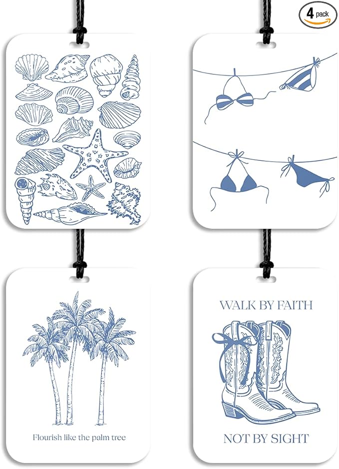 4Pcs Blue Coastal Car Air Freshener Hanging Beachy Seashell Bikini Car Accessories Gifts for Women Men Beach Lovers Cute Air Freshener for Interior Car Mirror Home Wardrobe Decor