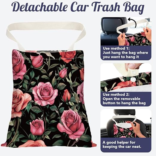 Rose Floral Print Car Trash Bag Hanging Garbage Bag with Snap Buttons Car-Back Seat Trash Storage Portable Dustbin for Car Interior Accessories Travel Camping