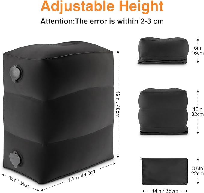 Maliton Inflatable Foot Rest Pillow for Travel,Kids Airplane Bed,Adjustable 3 Layers Height Leg Pillow of Air Travel Essentials,Car, Office, Home - Fast Inflation (Black)