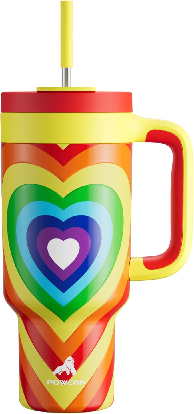 POWCAN 40 oz Tumbler with Handle, 2-in-1 Straw and Sip Lid, Leakproof, Dishwasher Safe, Insulated Stainless Steel Travel Coffee Mug, Keeps Cold for 34 Hours, Fits in Car Cup Holder (Fiery Love)