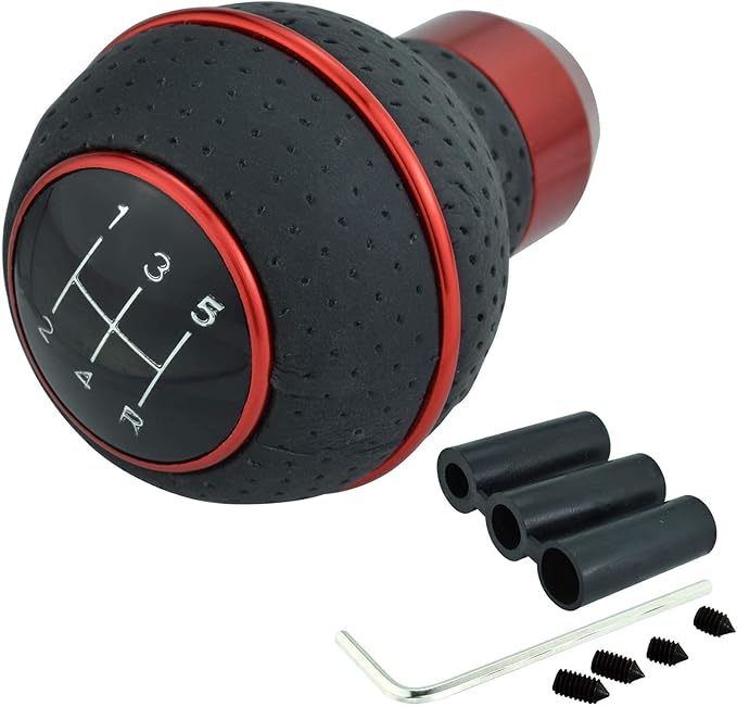Lunsom 5 Speed Round Shift Knobs, Leather Car Gear Shifter Knob Handle Lever Head Ball Shifting Lever Head Fit for Most Manual Transmission (Black&Red)