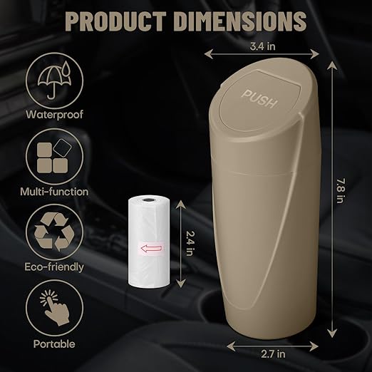 Car Trash Can Bin with Lid - Car Garbage Can Cup Holder - Beige Mini Leakproof Vehicle Trash Garbage Can Bin with 20pcs Trash Bags-Car Organizers and Storage for Front Back Seat Accessories