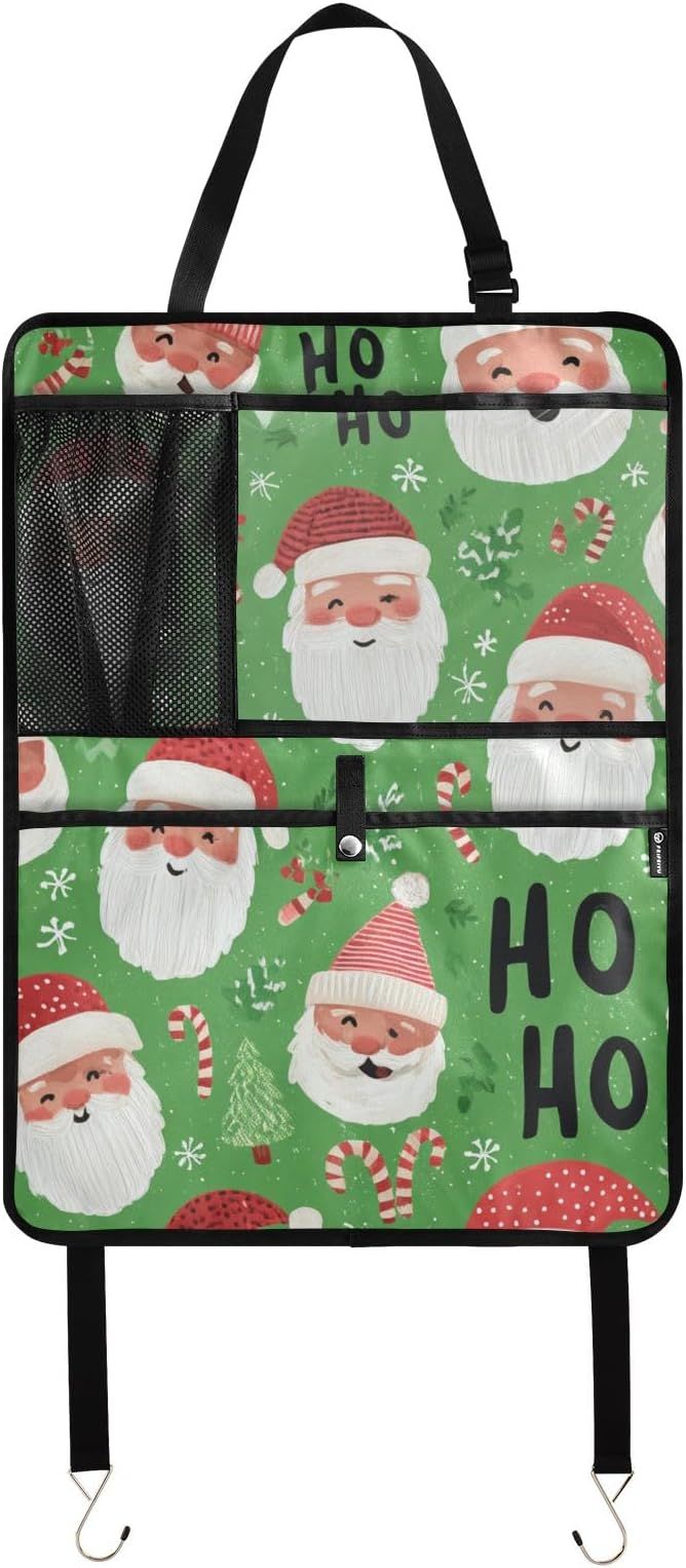 1 Pack Back Seat Car Organizer with Storage Pockets Kick Mats Back Seat Protector Hanging Car Organizer Automotive Seat Back Cover Organizers Bright Green Christmas Santa Claus