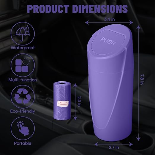 Car Trash Can Bin with Lid-2 Packs Car Garbage Can Cup Holder-Purple Mini Leakproof Vehicle Garbage Bin with 40pcs Trash Bags-Automotive Organizers and Storage for Front Back Seat Accessories