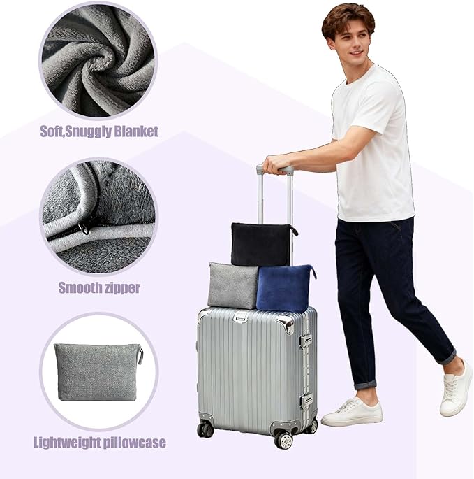 Travel Blanket and Pillow - Premium Soft 2 in 1 Airplane Compact with Soft Bag Pillowcase, Plane Blanket Compact Packable, Travel Essentials Accessories for Plane and Car, 60x80 Grey