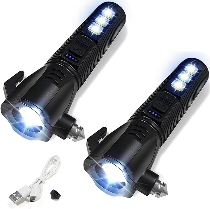 Emergency Car Flashlight - 2000 Lumen Dual Light 4-Level Battery Indicator Window Breaker & Seatbelt Cutter USB Rechargeable Ultra-Light 108g Car Emergency Too (2pcs-Black)