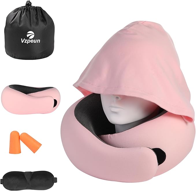 Travel Pillow - Hooded Neck Pillow Airplane Memory Foam Filling for Plane, Office, Cars Sleeping, Road Trip, Long Flights, Portable Plane Accessories, Includes Eye Mask & Earplugs (Pink)