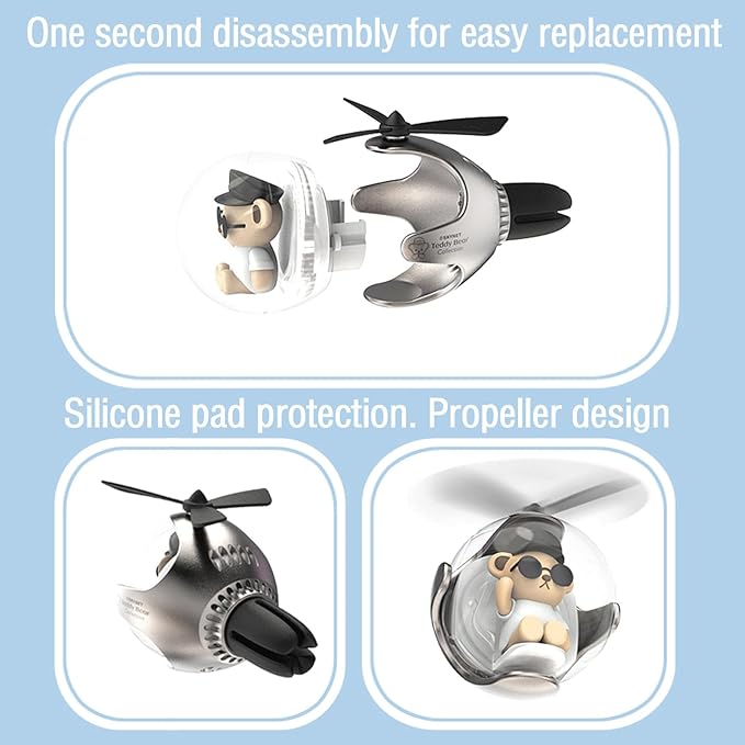 2Pcs Pilot Car Air Freshener, Cute Bear Car Vent Clip Air Freshener Automotive Air Outlet Fan Diffuser, Automotive Interiors Vent Decoration (Silver+Red)