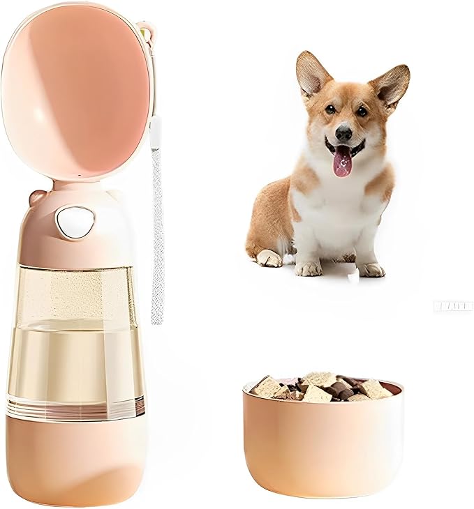 2 in 1 Dog Water Bottle with Food Container, Portable Dogs Water Dispenser, Outdoor Drink Bottles for Puppy, Cat, Pet, Essential Items for Travel, Walking, Hiking, Pet Accessories (Blush Beige)