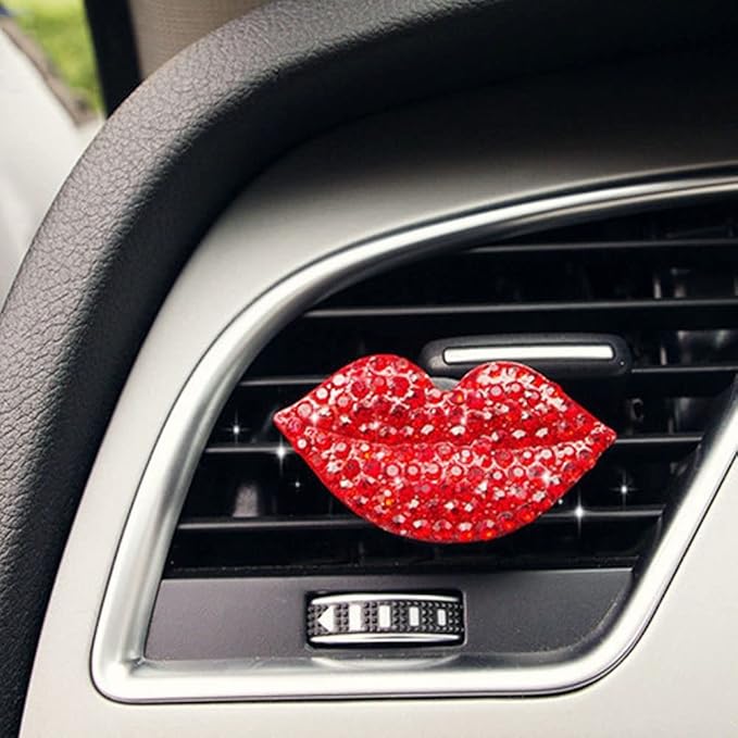 ZOSTLAND Rhinestone Car Decorative Clip,Car Air Fresheners, Lipstick Car Vent Clip,Personalized Automotive Interior Decoration Accessories,Car Decor Gift for women,Girl (2pcs Red Lip)