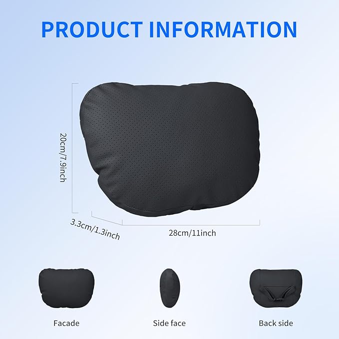 2 Pack Car Neck Pillows, PU Leather Car Headrest Support with Adjustable Strap, Ergonomic Dupont Bio Cotton Head Rest Pillow for Road Trips & Daily Commutes (Black, Soft Style)